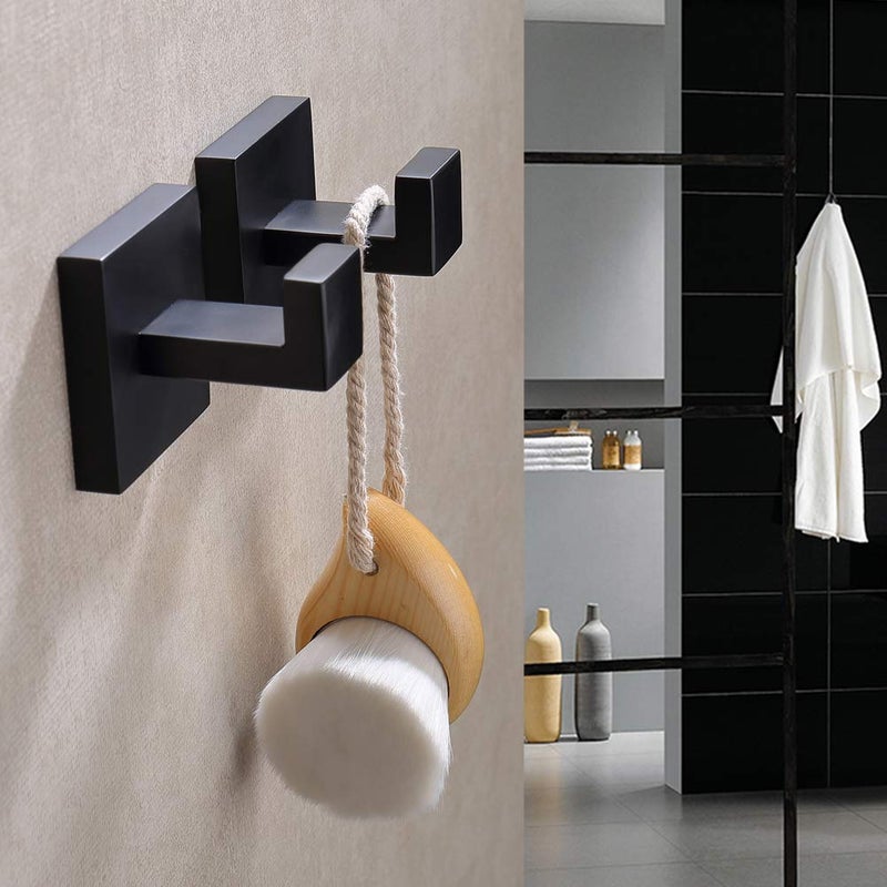 TASTOS Bath Towel Hooks Matte Black, 2 Pack Stainless Steel Robe Coat and Clothes Hook, Heavy Duty Wall Hook for Bathroom & Kitchen, Modern Square Style Wall Mounted (Black) - Image 3